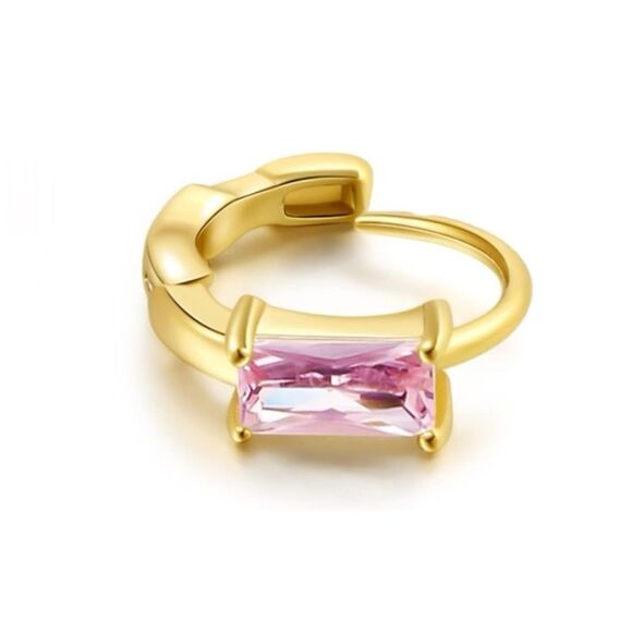 14K Yellow Gold with Pink Sapphire Cubic Zirconia Baguette Cut Huggie Earrings - Picture 2 of 7